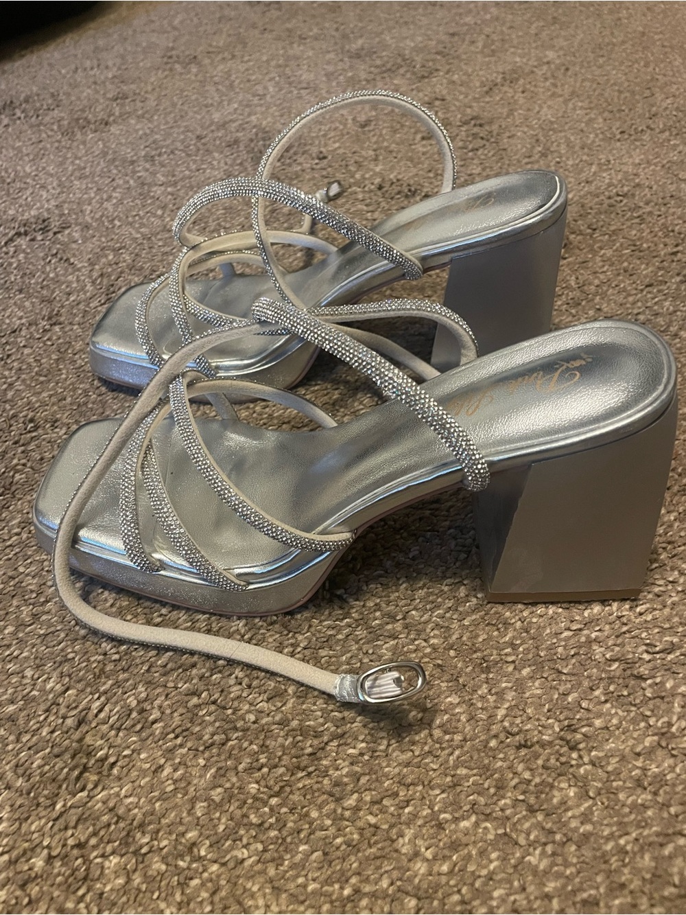 Pink Lily Silver Strappy Block Heel Sandals. Worn Once